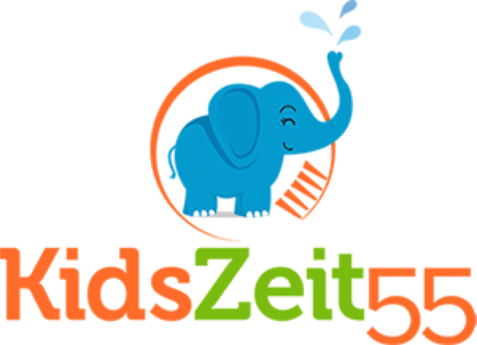 Logo von KidsZeit55, Ihre Zahn&auml;rzte in Fischenisch, in orange und gr&uuml;n mit blauem Baby Elefanten
